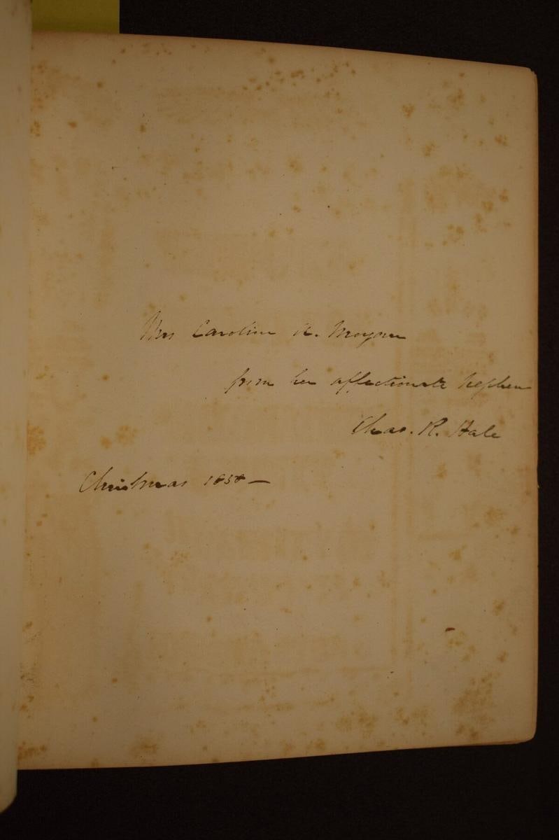 Charles R. Hale's Christmas 1858 inscription to Caroline A. Morgan