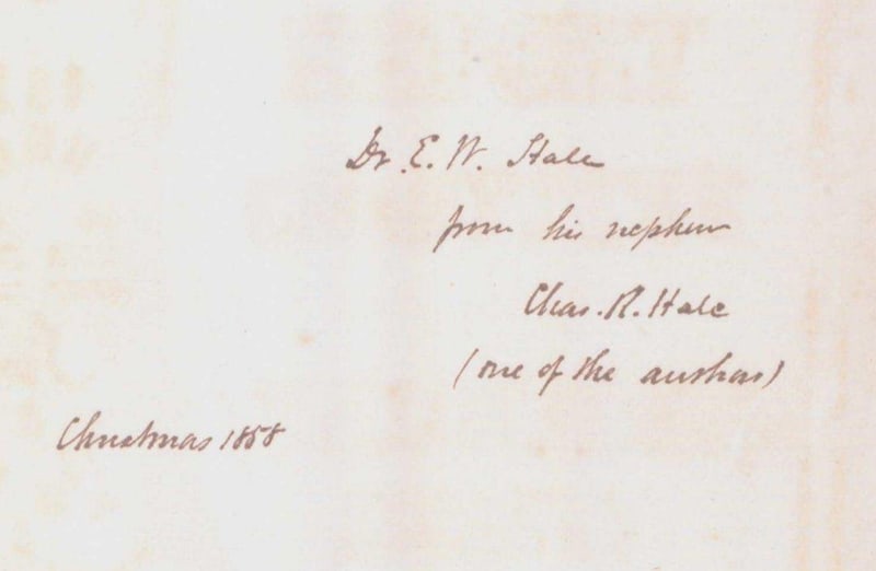Charles R. Hale's Christmas 1858 inscription to Dr. Elias W. Hale