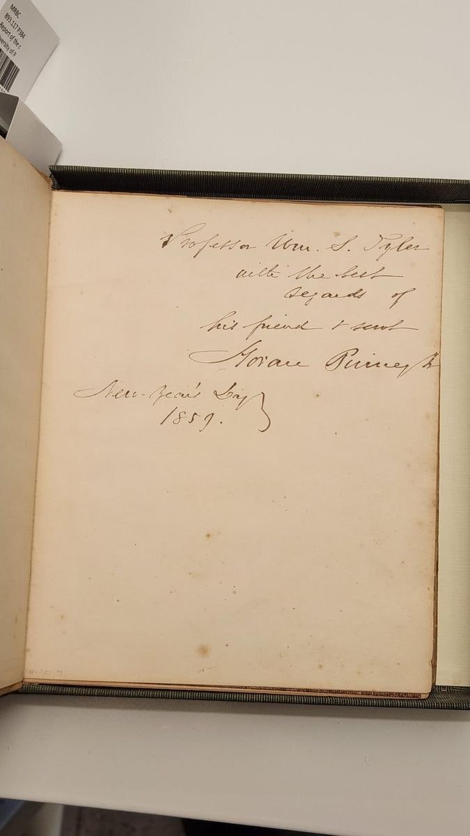C069 presentation inscription to William Seymour Tyler signed Horace Binney Jr. and dated New Year's Day 1859