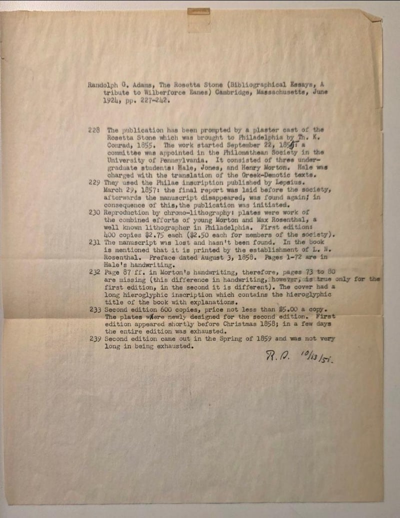 C073 loose typescript excerpting Randolph Adams' 1924 essay, with a handwritten notation and date 10/13/51