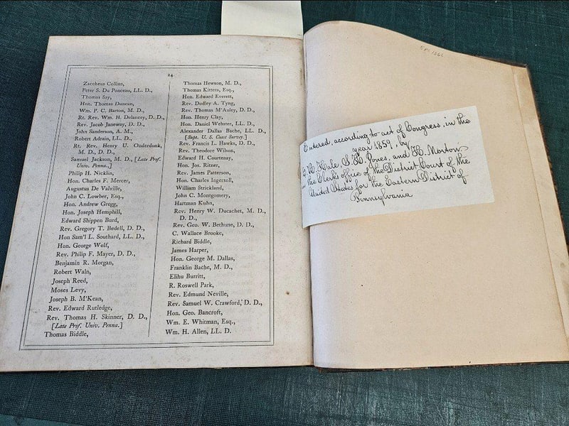 A page of the membership list with a tipped-in copyright notice dated 1859