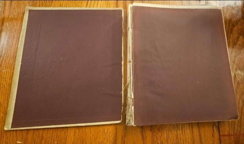 C024 Detached front board and exposed maroon endpaper