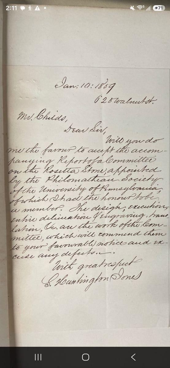 C037 S. Huntington Jones presentation letter to George William Childs, January 10, 1859