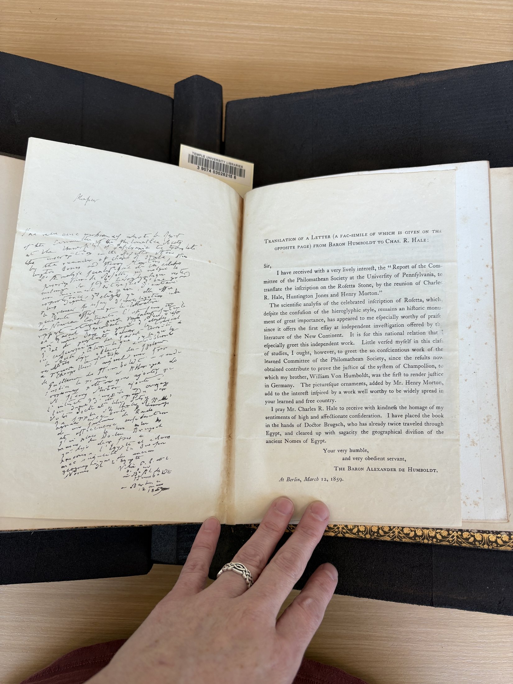 C062 facsimile and English translation of Alexander von Humboldt letter to Charles R. Hale dated March 12 1859